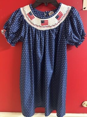 Girls Navy Polka Dot Smocked Flag Dress size 7-8 patriotic